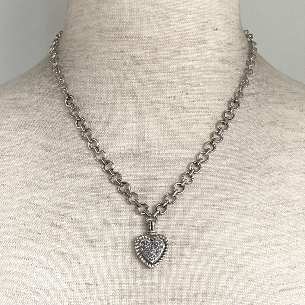 Sterling Silver 925 HN Heng Ngai Pave Diamond Heart Rolo Chain Necklace 17"